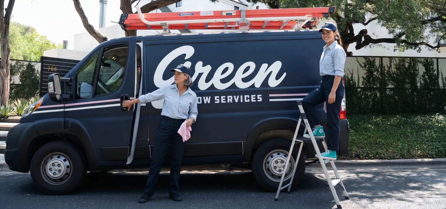 Window cleaning colleagues beside their work van
