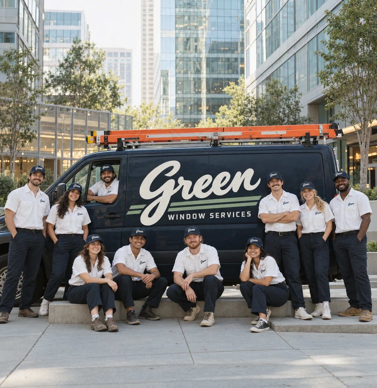 The Green Window Services crew in front of their work van